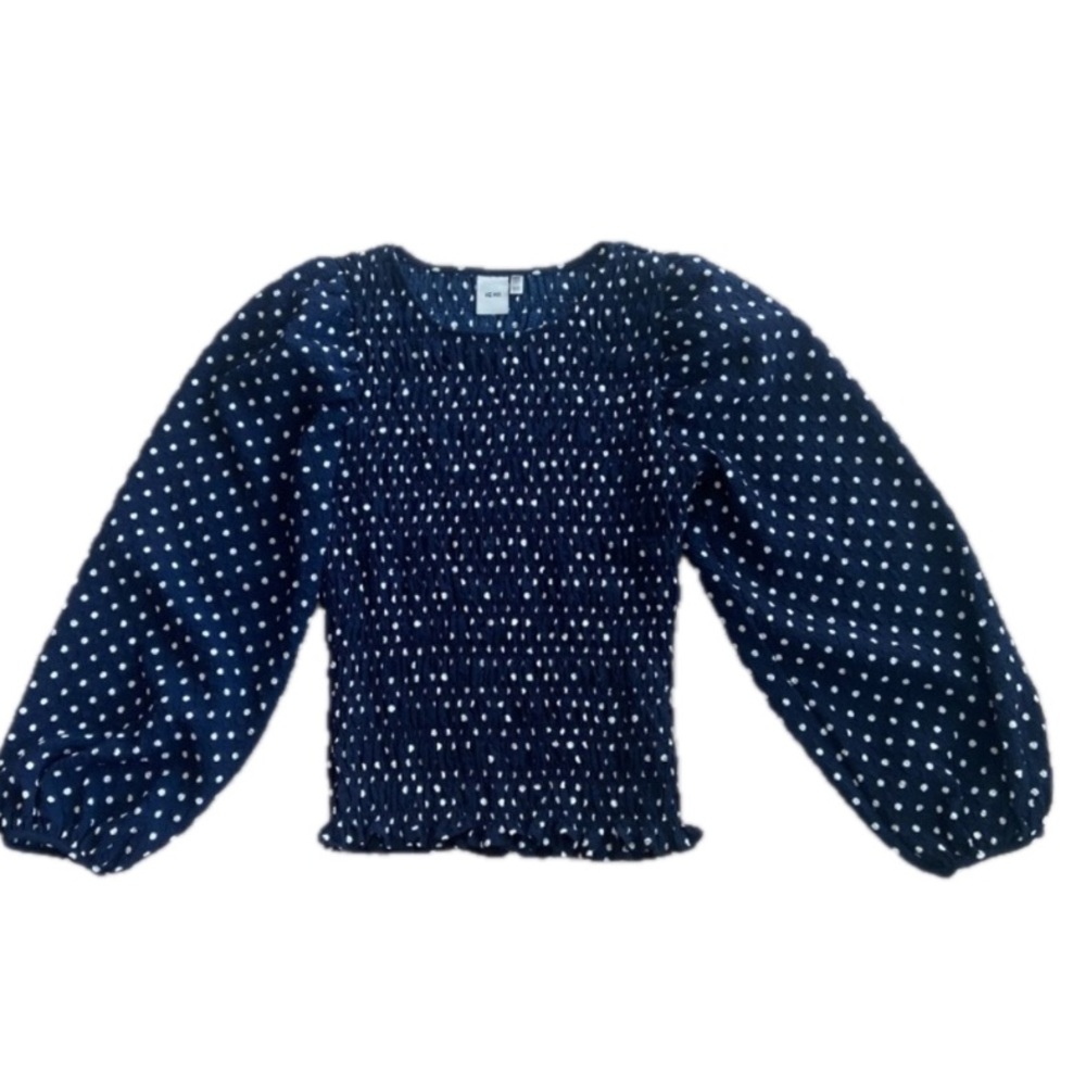 ICHI Danish Polka Dot Blouse Navy White Ruched Puff Sleeve Size 4 EUC - Picture 2 of 9